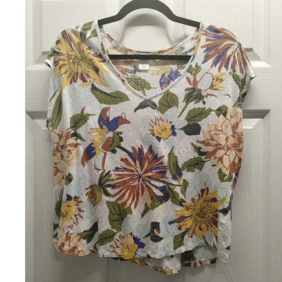 C&C California Size XL Linen Floral V-Neck Cap Sleeve Asymmetric Hem Cropped Top - Picture 1 of 7